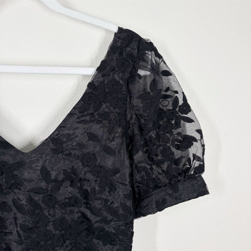 Lulus Be My Date Floral Embroidered High-Low Midi Dress Size L Black Puff Sleeve - Picture 3 of 13